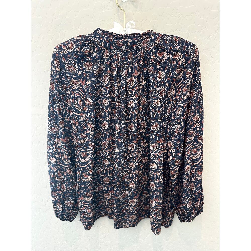 Faherty Portia Blouse Medium Blue Floral Ruffle Split Neck Balloon Sleeve Boho - Picture 5 of 7